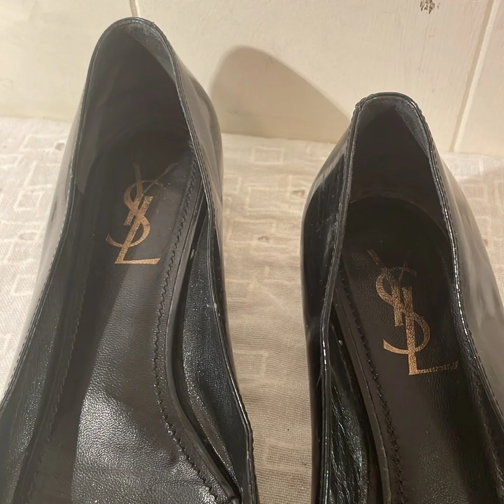 Yves Saint Laurent Black Flat Peep Toe Bow Flat Shoes - Picture 3 of 13